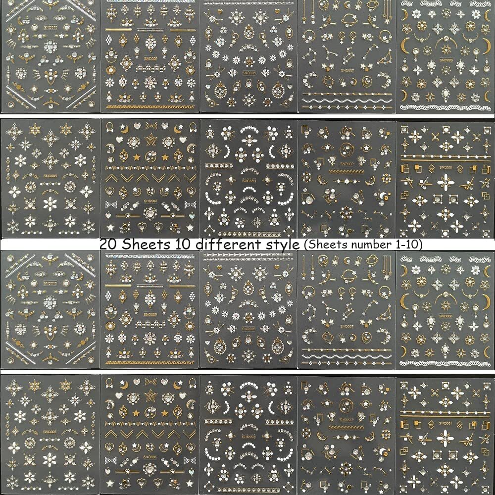 20 Sheet 3D Nail Art Stickers,Gold/Diamond Design Luxury Nail Self-Adhesive New
