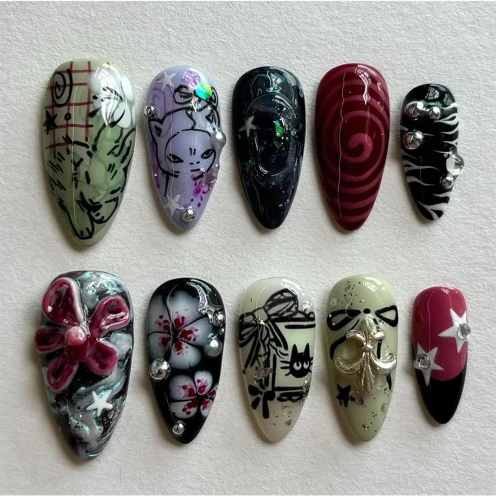Custom Handmade Y2K Floral Cat Bow Star Metal Charms Swirl Almond Press on Nails