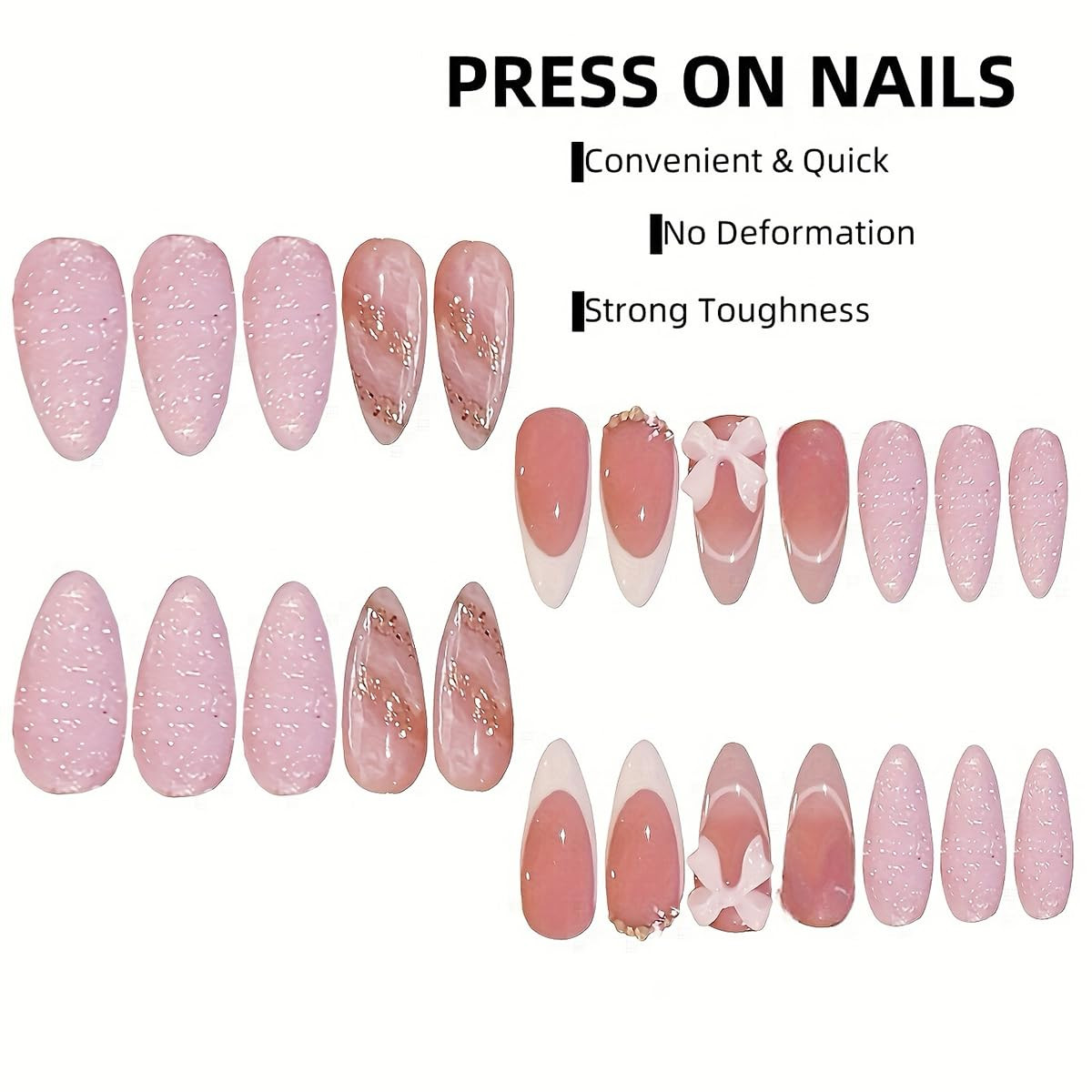 Pink French Tip Press on Nails Medium Almond Fake Nails with 3D Bow & Glitter Rh