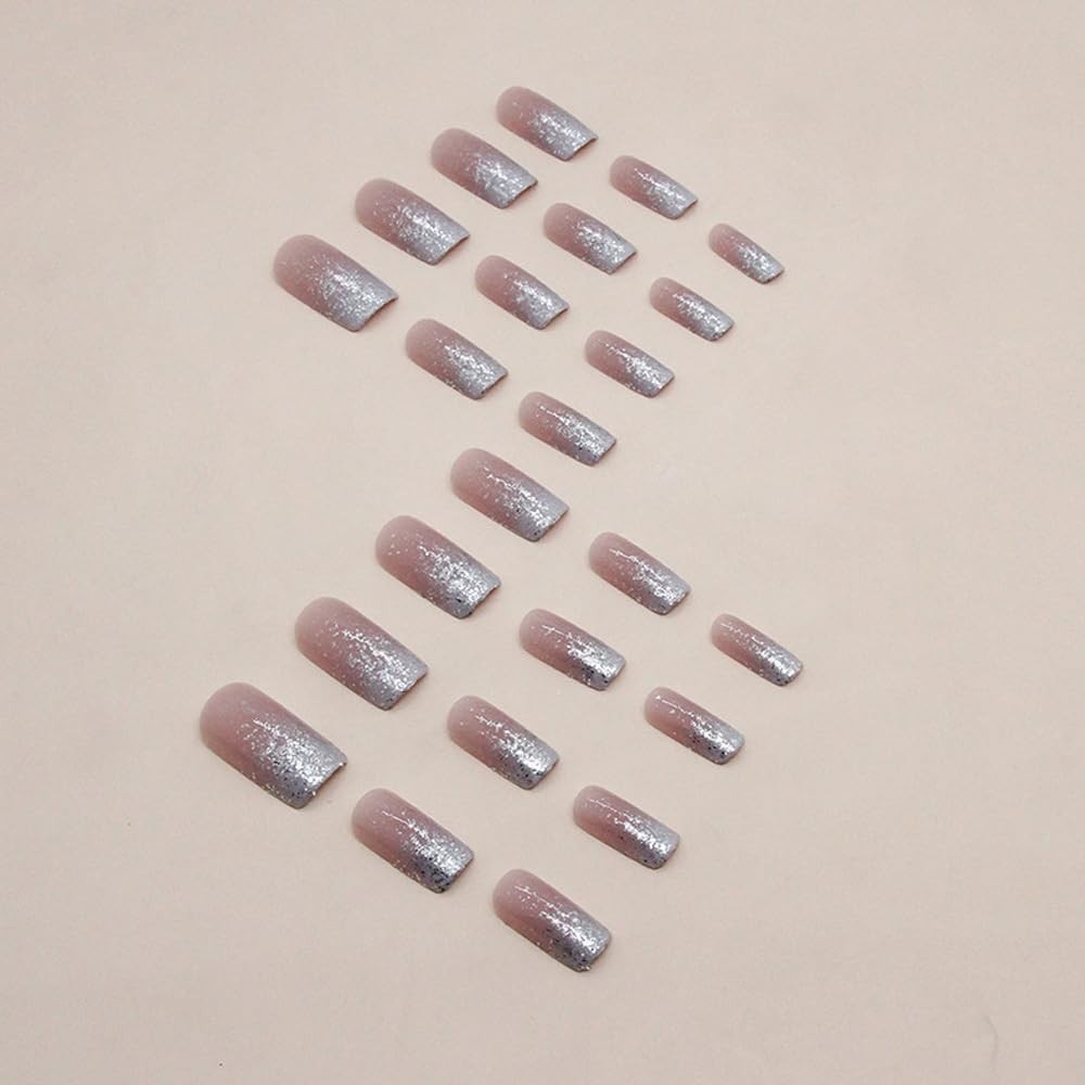 Square Press on Nails Short Medium Ombre White fake on Nails with Bling Glitt…