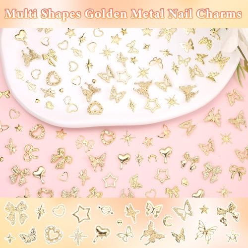 Gold Nail Charms, Butterfly Star Heart Bow Nail Golden Charms, Multi Shapes S1