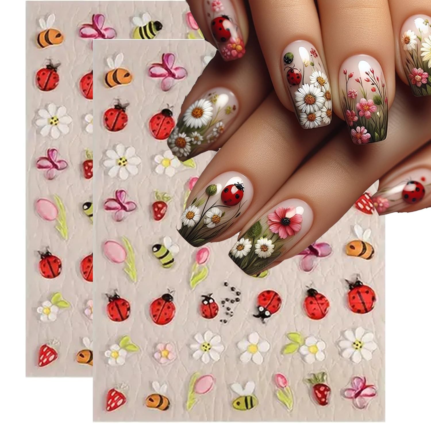 5D Cute Bee Floral Nail Stickers-3D Self Adhesive Cartoon Ladybug Butterfly S…