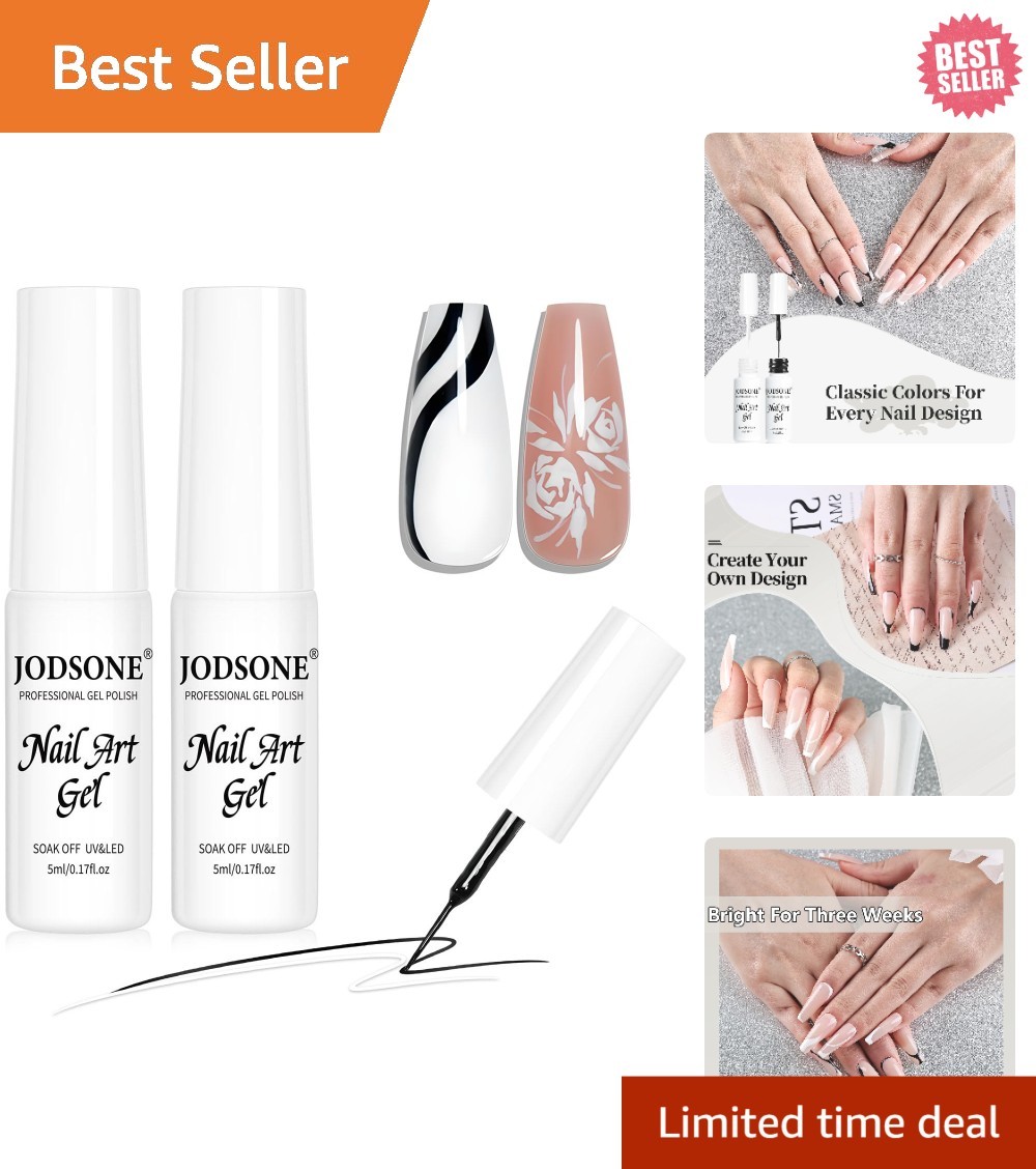 Glossy Black & White Gel Nail Art Set with Precision Brush – DIY Salon Quality