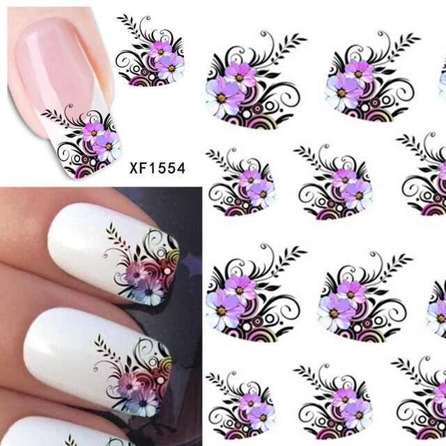 Nail Art Water Transfer Sticker Decal Stickers Pretty Flowers Pink Purple XF1554