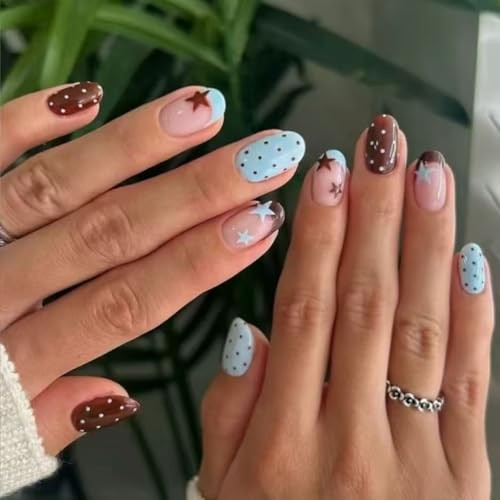 Brown Blue French Tip Press on Nails Short Almond Fake Polka Dot Star French 2