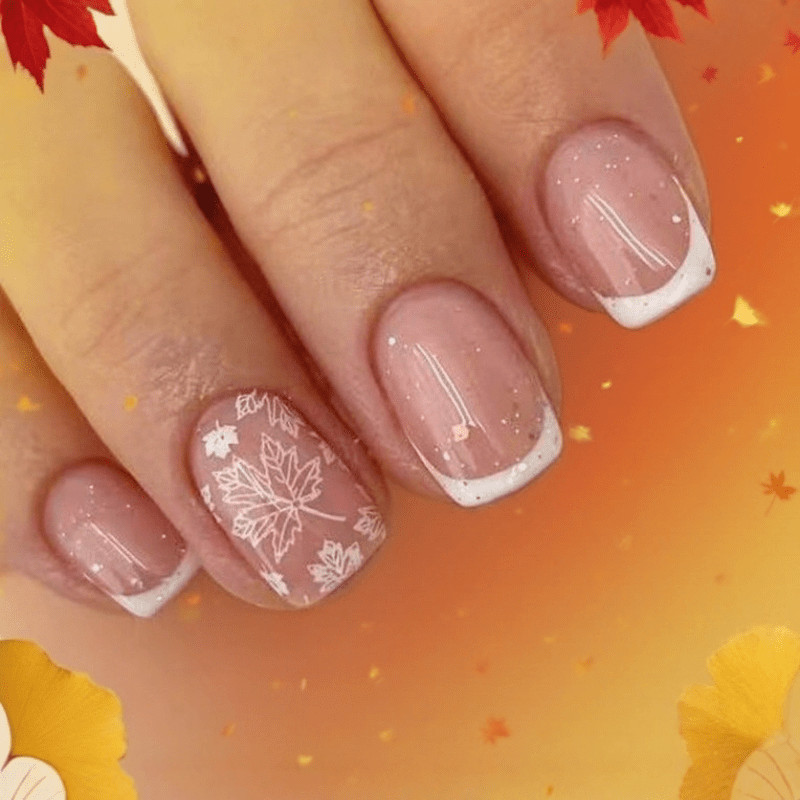 48Pcs-Short Round Nude Glitter White French Maple Leaf Autumn Press on Nails