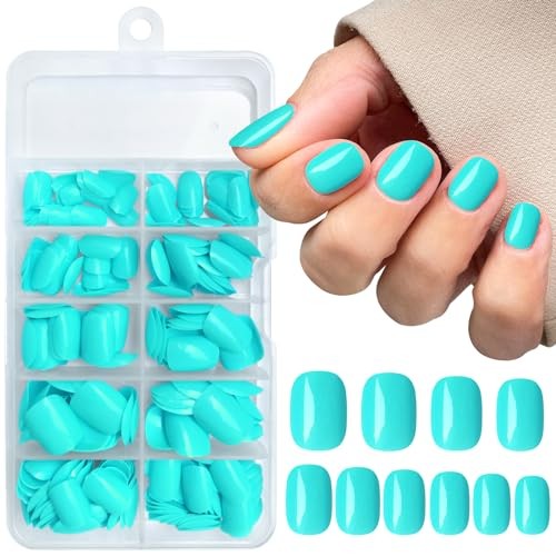 Short Press on Nails Square Round Short Fake Nails Glossy Full Cover Turquoise