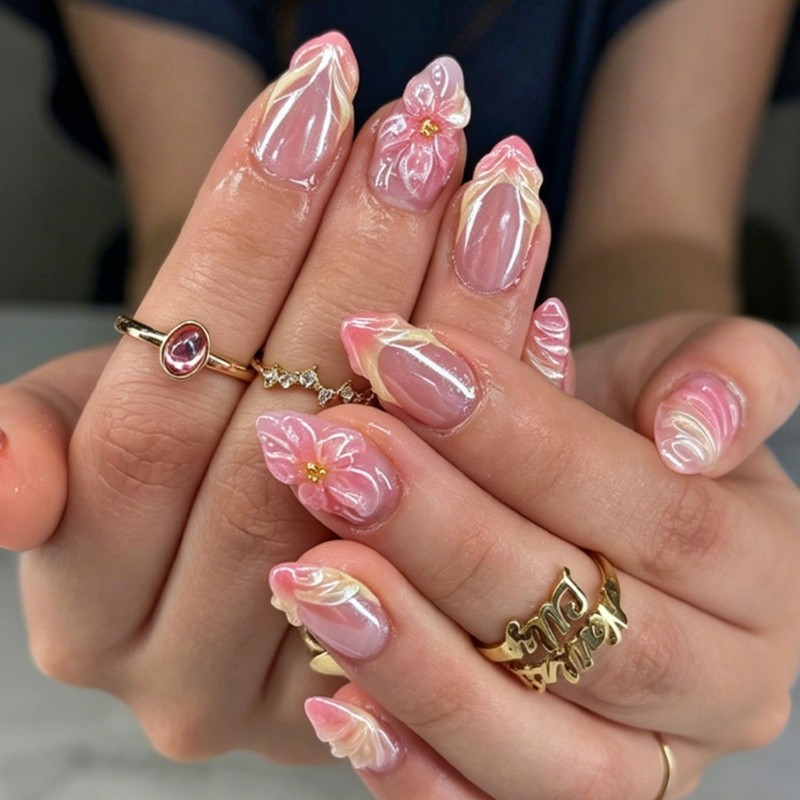 Pink Gradient Press On Nail with 3D Flower Almond Shape False Nail 30Pcs/Set