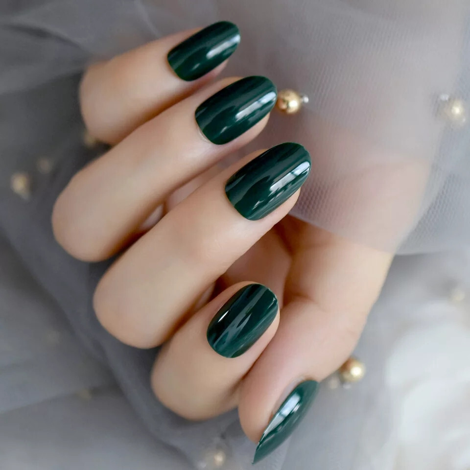 24 Short Press on nails kit w glue dark green almond