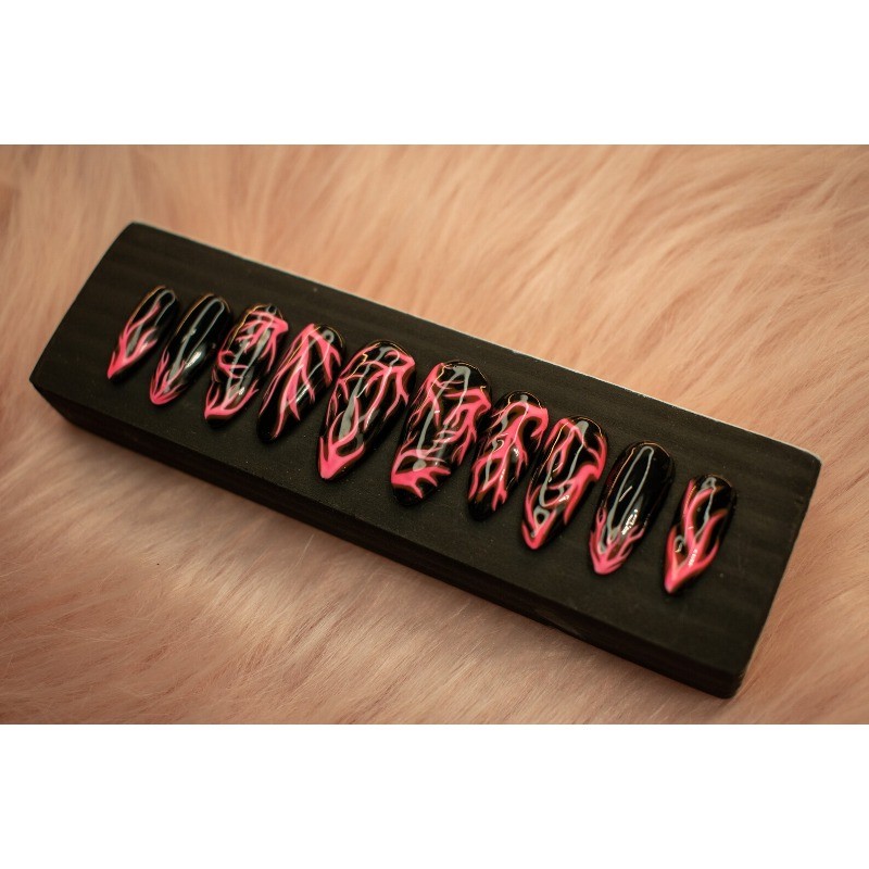 Pink Flame Handmade Press on Nails Black Base Swirl Dark Trendy Gloss Fake Nails