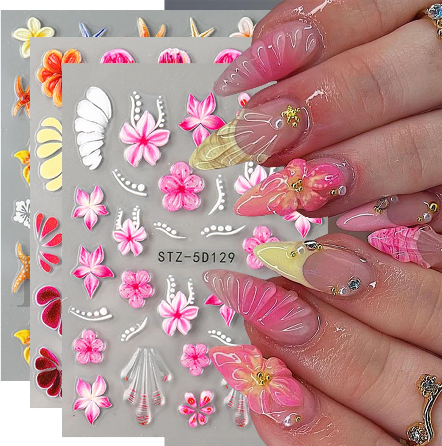 3PCS 5D Embossed Flowers Nail Stickers Colorful Floral Petals Designs Nail Art S