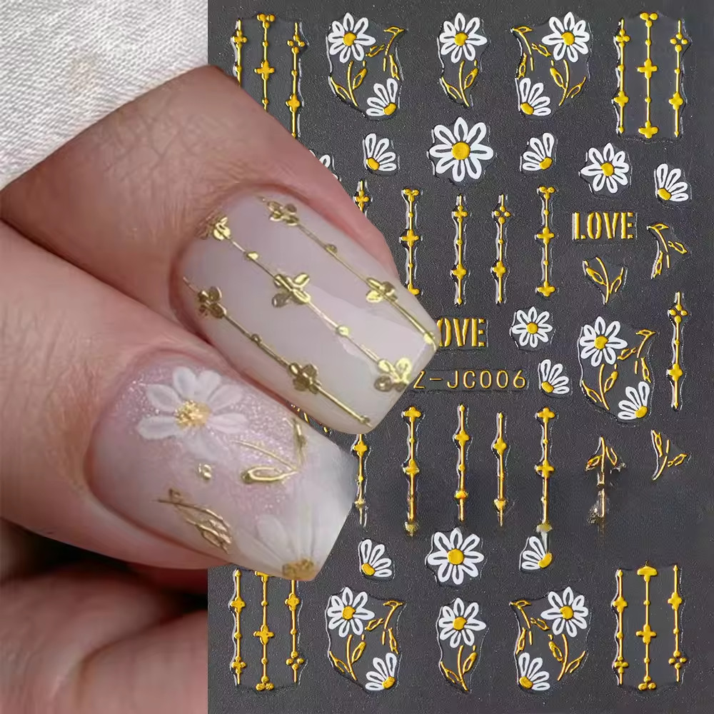 3D Pink Gold Flower Nail Stickers Metallic Floral Sakura Nail Art Decals DIY