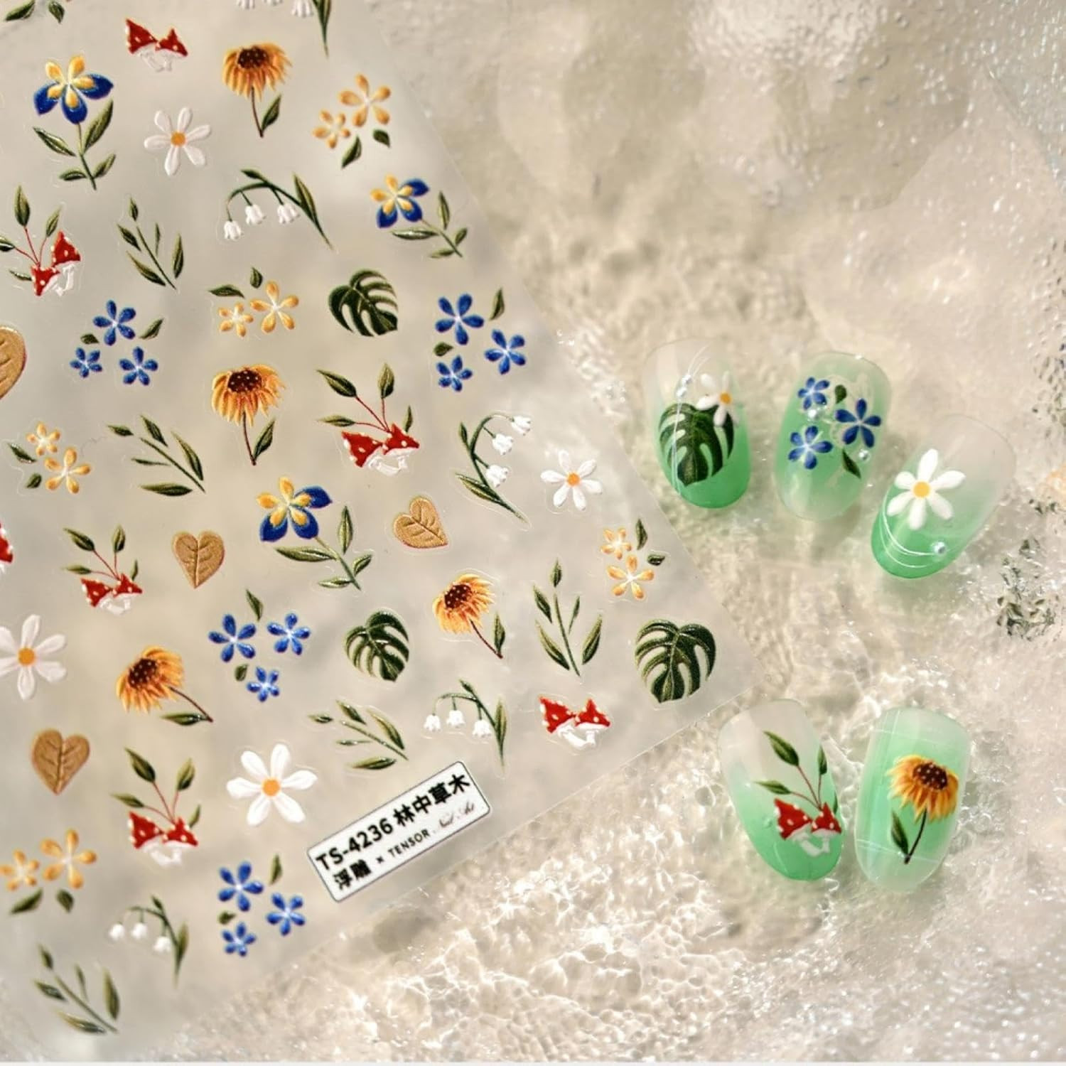 Flower Nail Stickers Floral Daisy Nail Decals 5D Embossed Blue Yellow Nail Desig