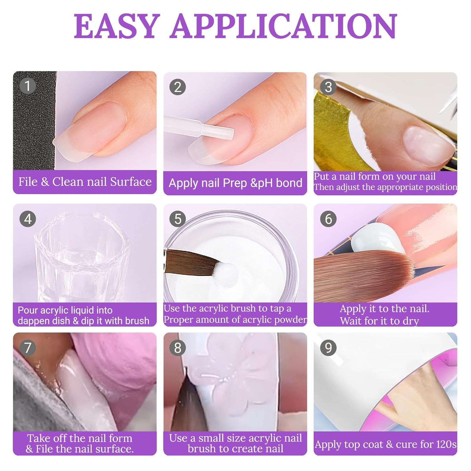 9Pcs Acrylic Nail Kit – 4Pcs Acrylic Powder (Pink, White, Clear, Nude) and Profe