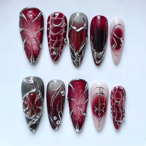 24Pcs Gothic Press on Nails Long Stiletto Fake Nails Punk Metal punk style