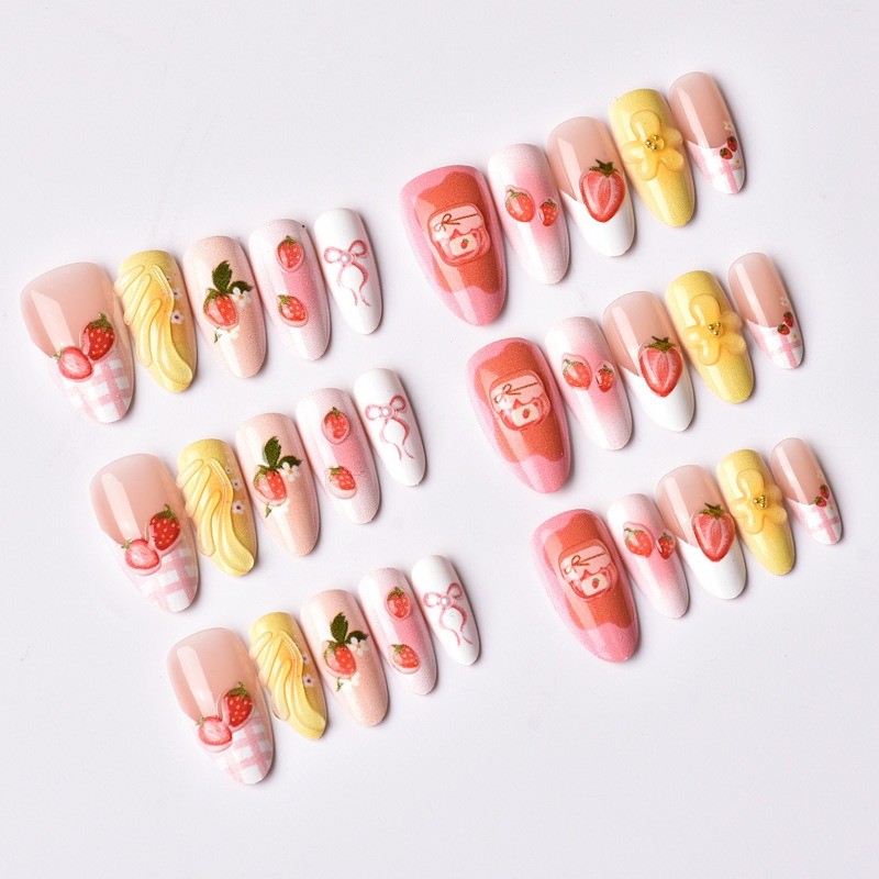 60pcs-Strawberry Press on Nail with 3D Charms and Floral Art, Short Almond Nails