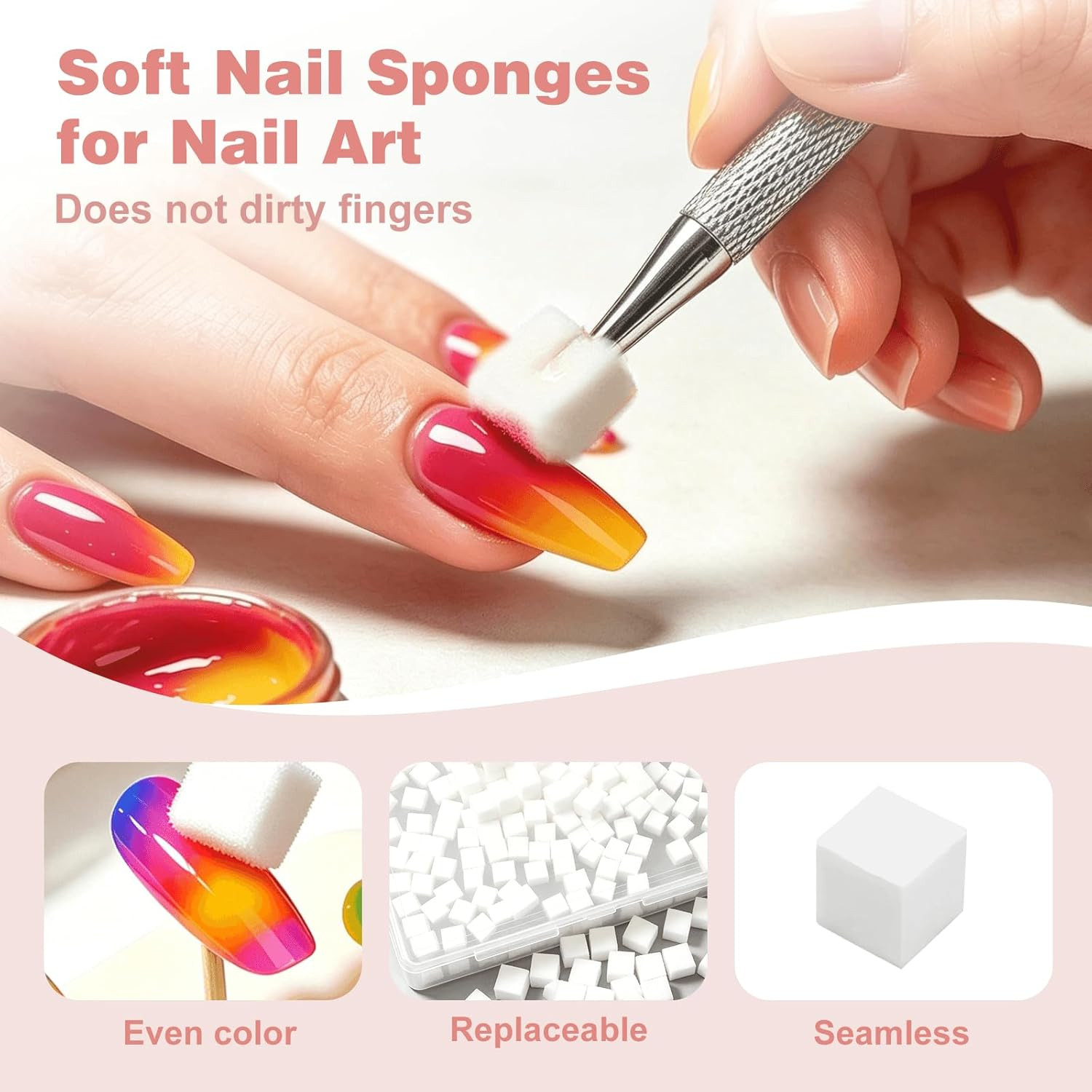 200PCS Soft Nail Sponges with 1PCS Grabbing Pen for Ombre and Aura, Reusable Sof