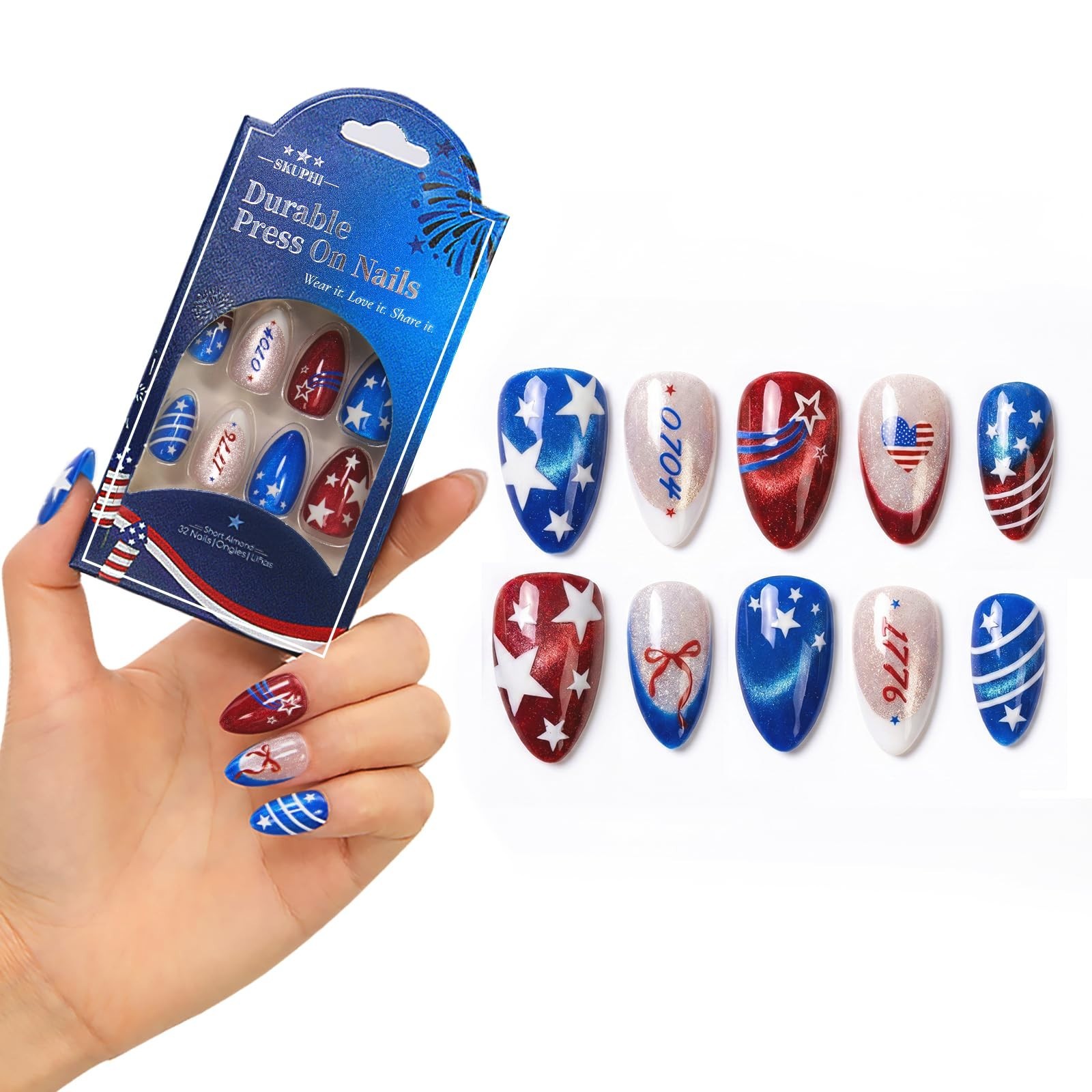 4th of July Press On Nails – Almond Cat Eye, Salon Quality, Reusable 32 Nail Kit