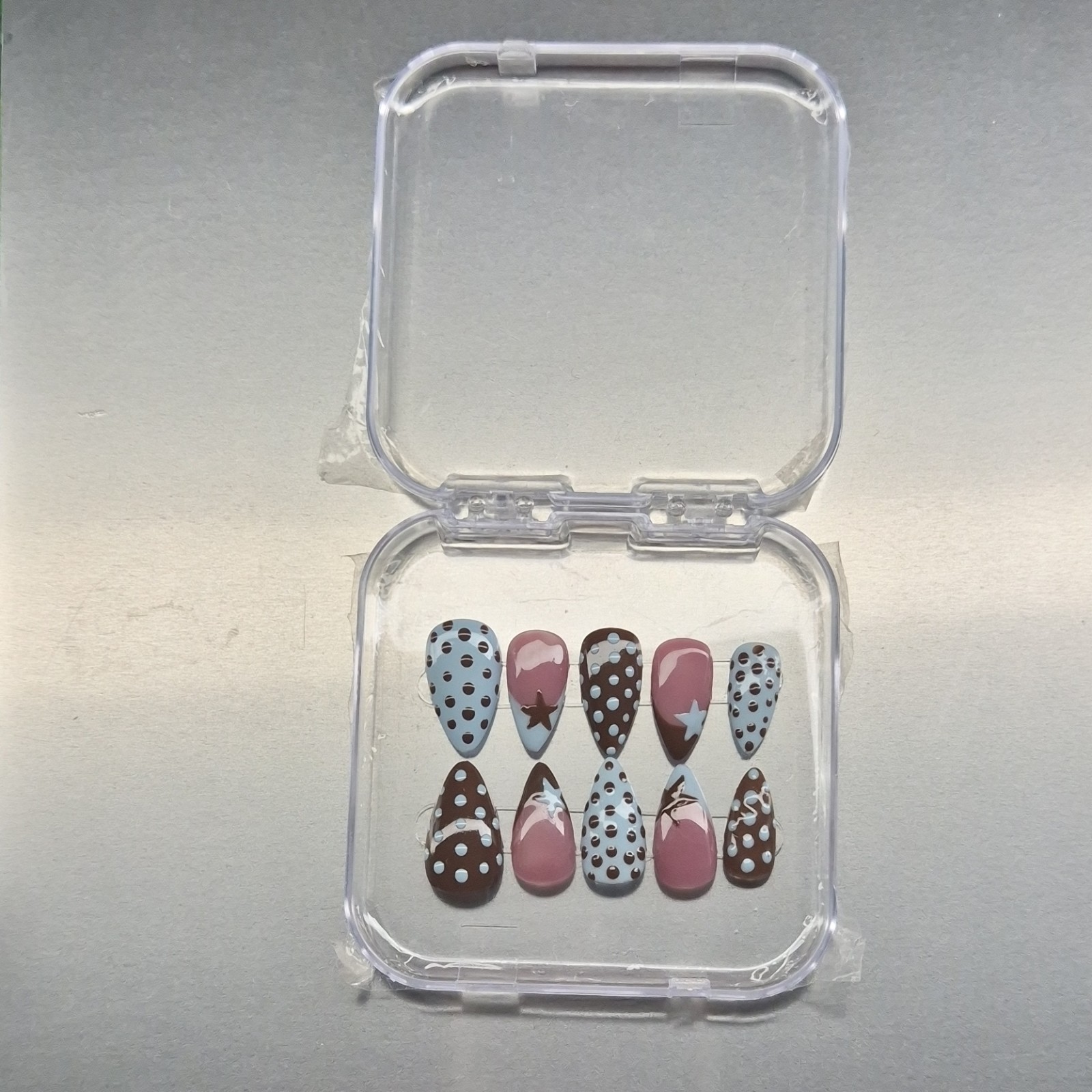 Blue Brown Pink White Star Polka Dot Almond Press-On Nails Medium Full Cover Set