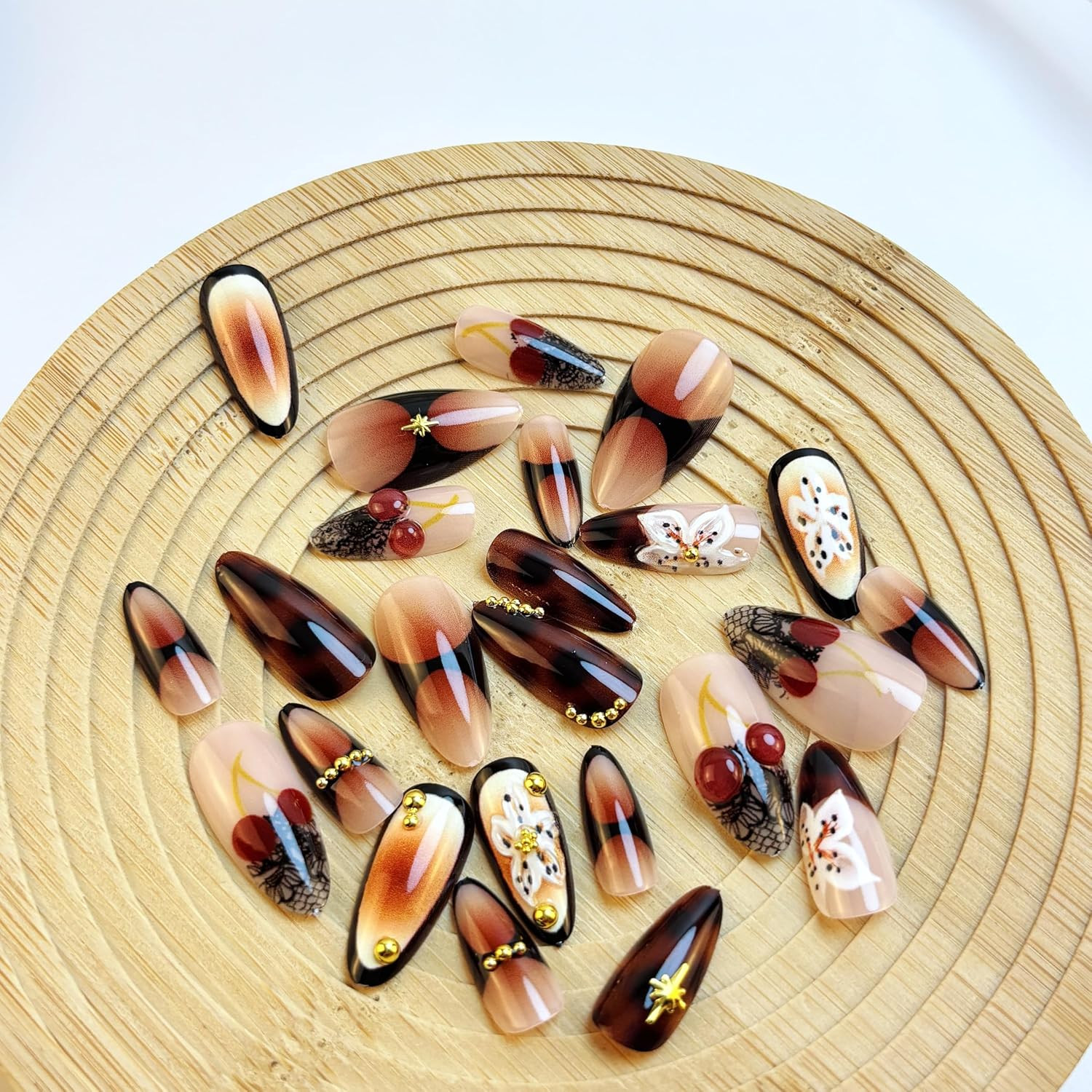 24Pcs Brown Flower Press on Nails Medium Almond Fake Nails 3D Cherry Floral Desi