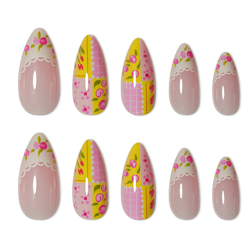 48Pcs-Medium Almond Pink Lace Hand Painted Rose Cake Design Cute Press on Nails