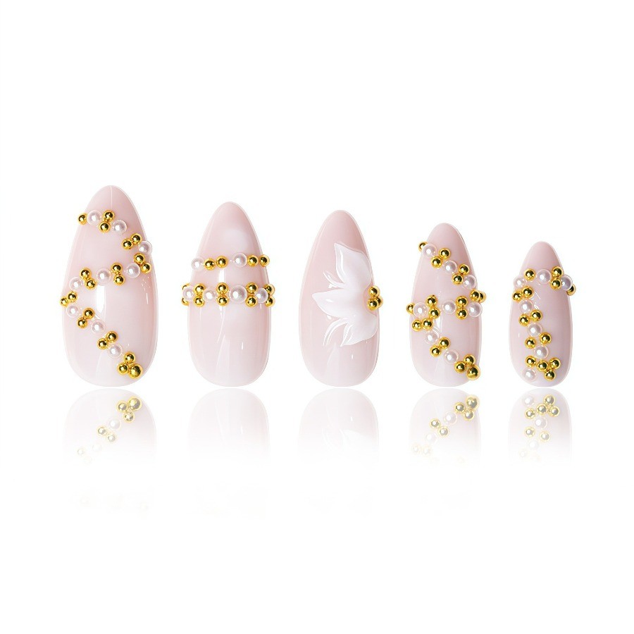 48Pcs-Long Almond Nude White Flower Pearl Gold Bead Press On Nails Set