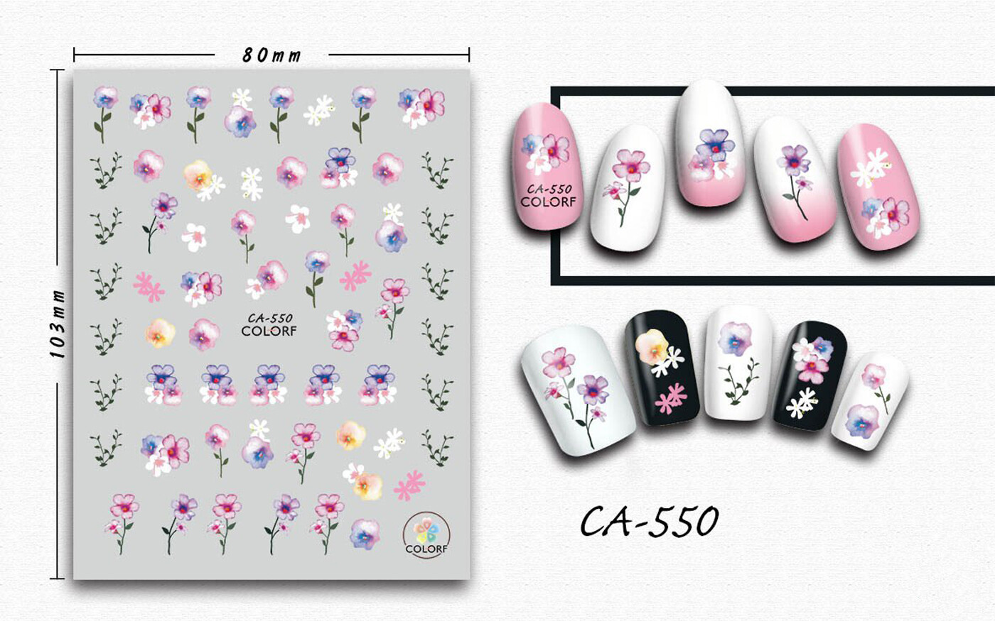 Nail art 3D stickers decal pink lilac white yellow flowers green branches CA550