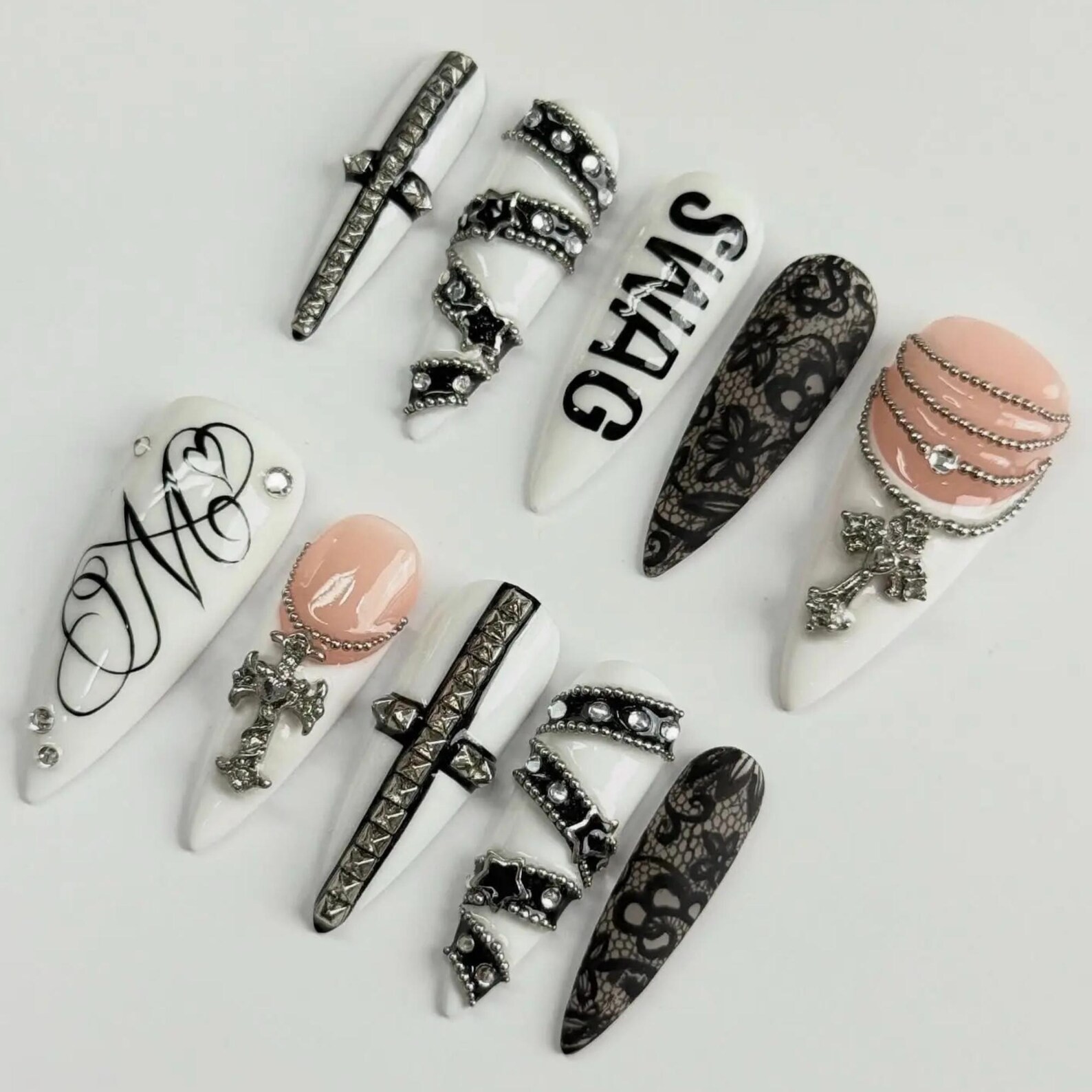 Handmade Black White Lace Cross Chain Rhinestone Letter Stiletto Press on Nails