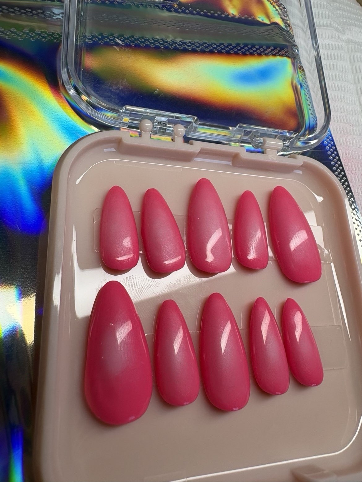 Hot Pink Ombre Press-On Nails | Medium Almond | Glossy Hand Painted Nail Set
