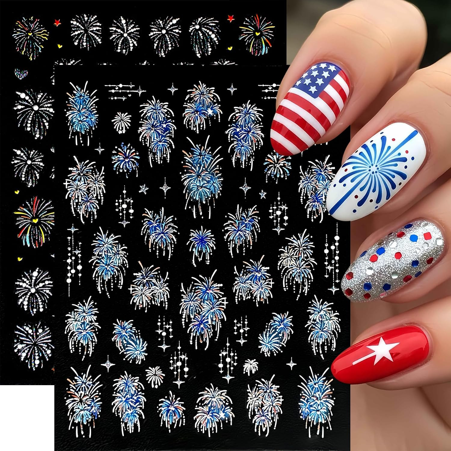 3 Sheets Fireworks Nail Stickers 5D Embossed Colorful Fireworks Nails Decals Aur