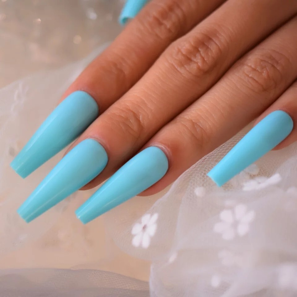 24 Blue glossy press on nails kit glue teal aqua light raver bright