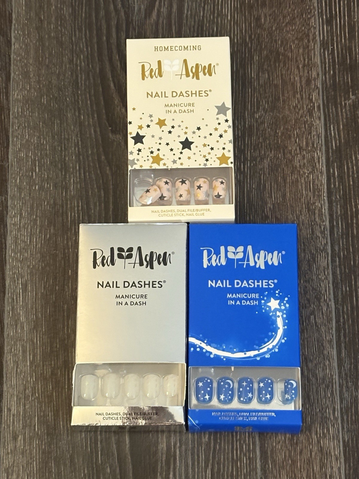 Lot of 3 NIB Red Aspen Nail Dashes Press On Nails Celestial Blue White Gold Star