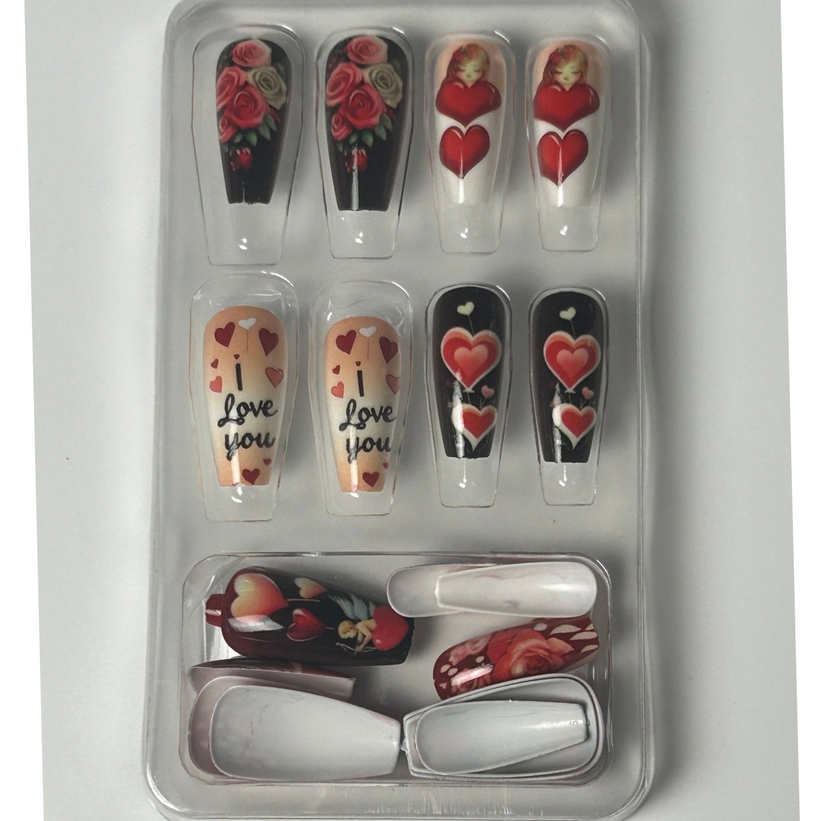 24Pc Glossy Heart Rose Press On Nails Coffin Ballerina Full Cover Reusable