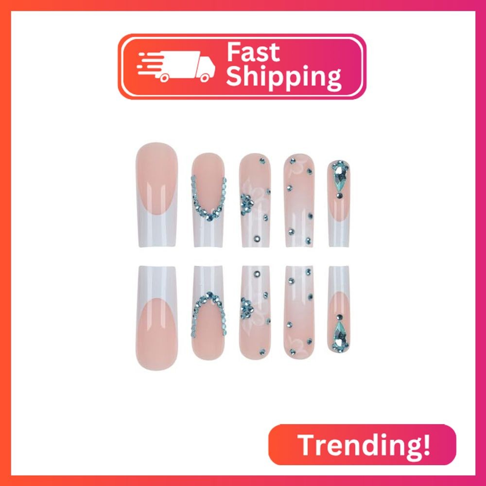 Long Press Blue French Tip False Nails with 3D Flower Designs, Glue on, Bling Rh