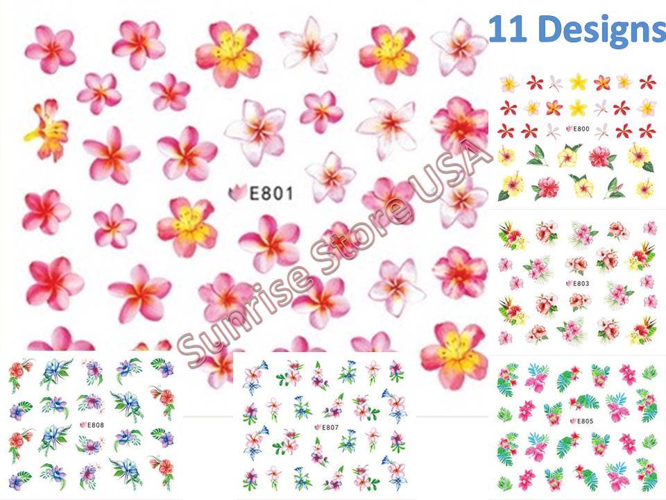 11 Designs 3D Nail Art Sticker Hawaii Flower Leaves Plumeria Decals Manicure DIY
