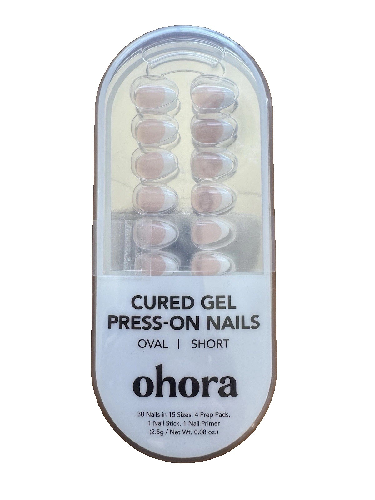 OHORA Cured Gel Press-on Nails Oval/Short 30 Nails in 15 Sizes 4 Prep Pads New