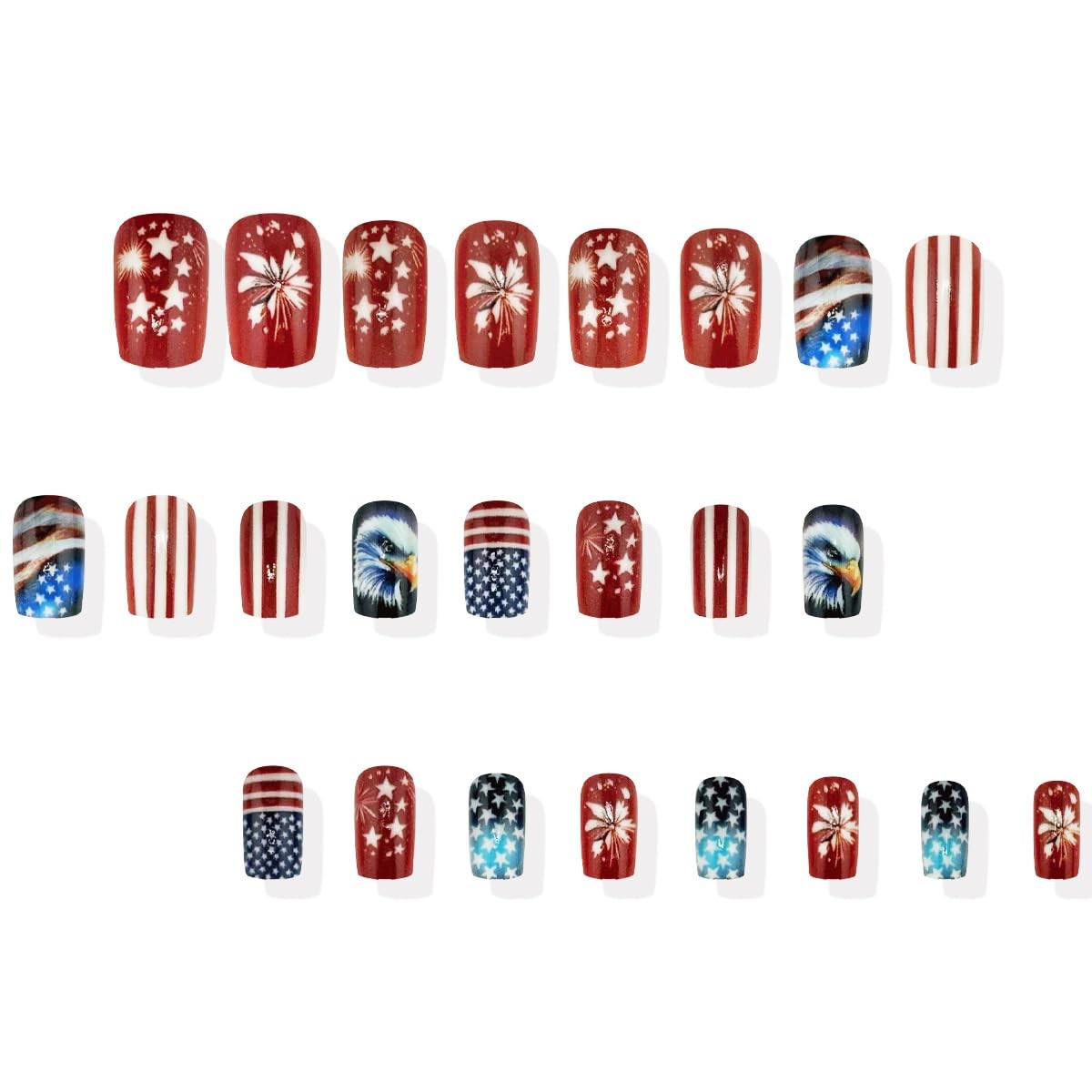 4th of July Press On Nails Short Square Red Blue Fake Nails Press ons Nail Ar…