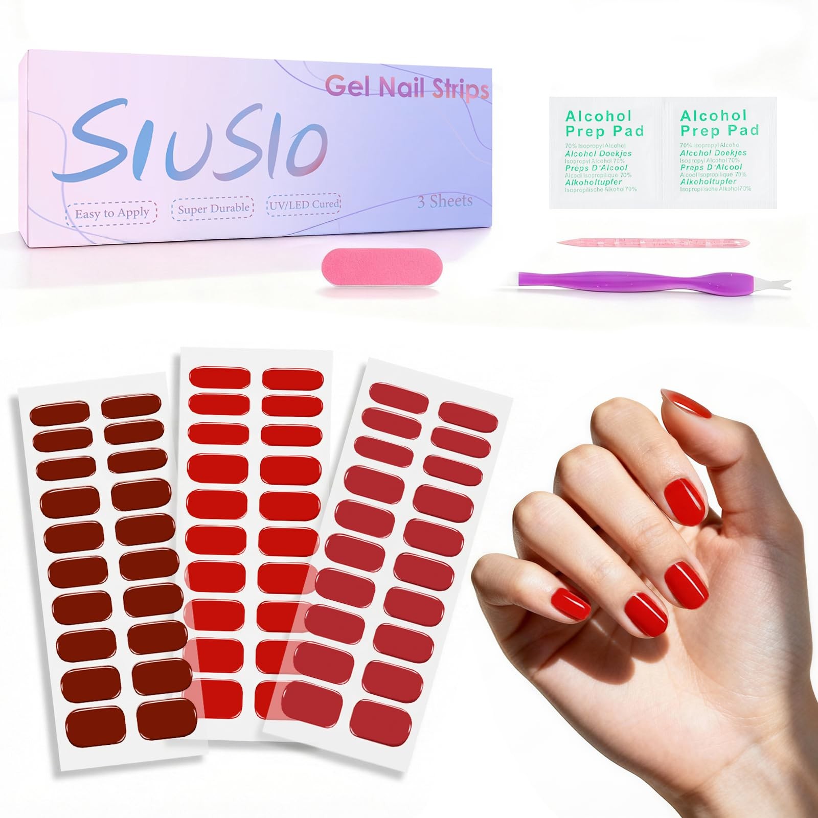 3pcs Semi Cured Gel Nail Strips Raspberry Red, UV Press On Gel Nail Stickers …