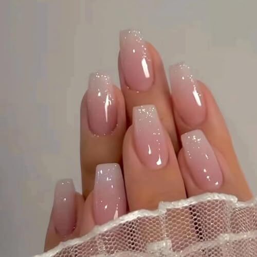 Glitter French Press on Nails Short Medium Coffin, glossy ombre pink shimmer