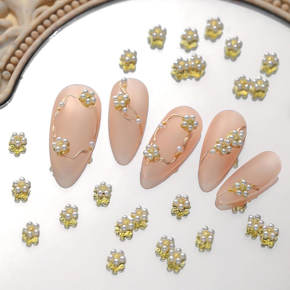 3D White Pearl Flower Nail Charms Cute Pearls Flowers for Nails Design Floral Na