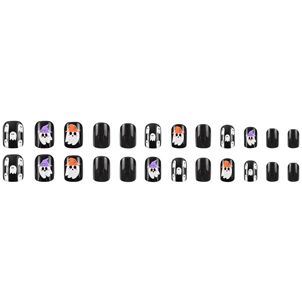 YEFIUO Halloween Press On Nails 24 Pcs Short Square Black Skull Flowers
