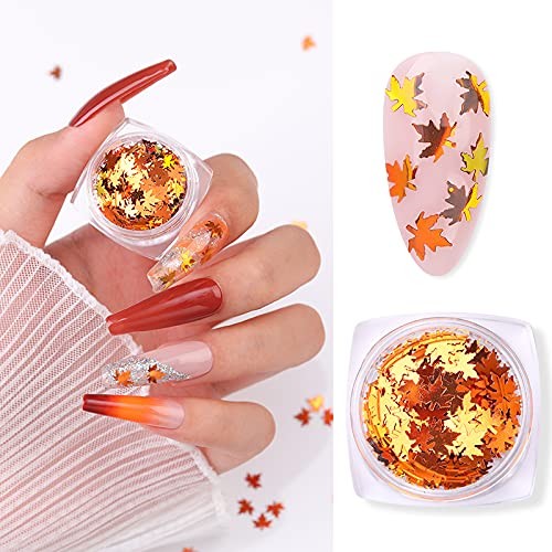 Fall Nail Art Maple Leaf Shape Holographic Glitter Flake Sequins, Red Yellow …