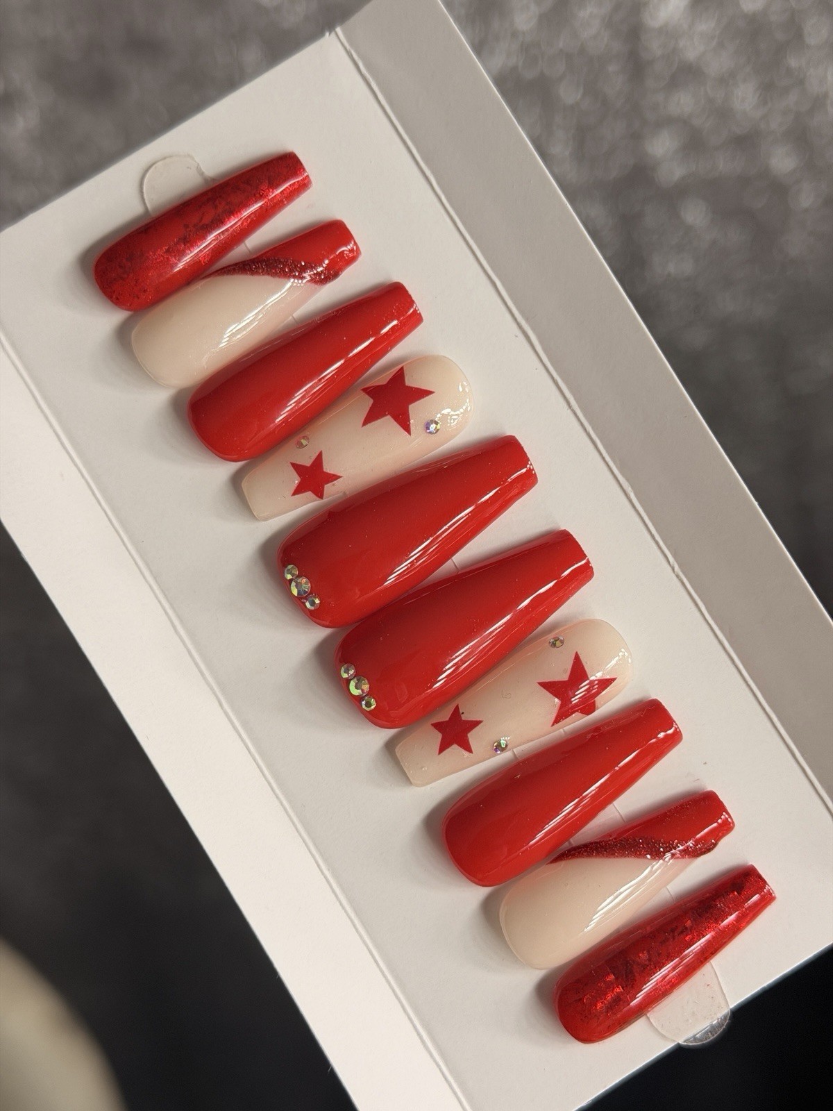 ✨ CUSTOM Press On Nails RED STAR BLING 10p SET W Kit