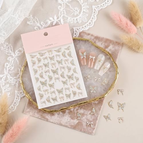 2 Sheets Butterfly Nail Stickers, Pink Light Shell Butterflies Bow Nail Art