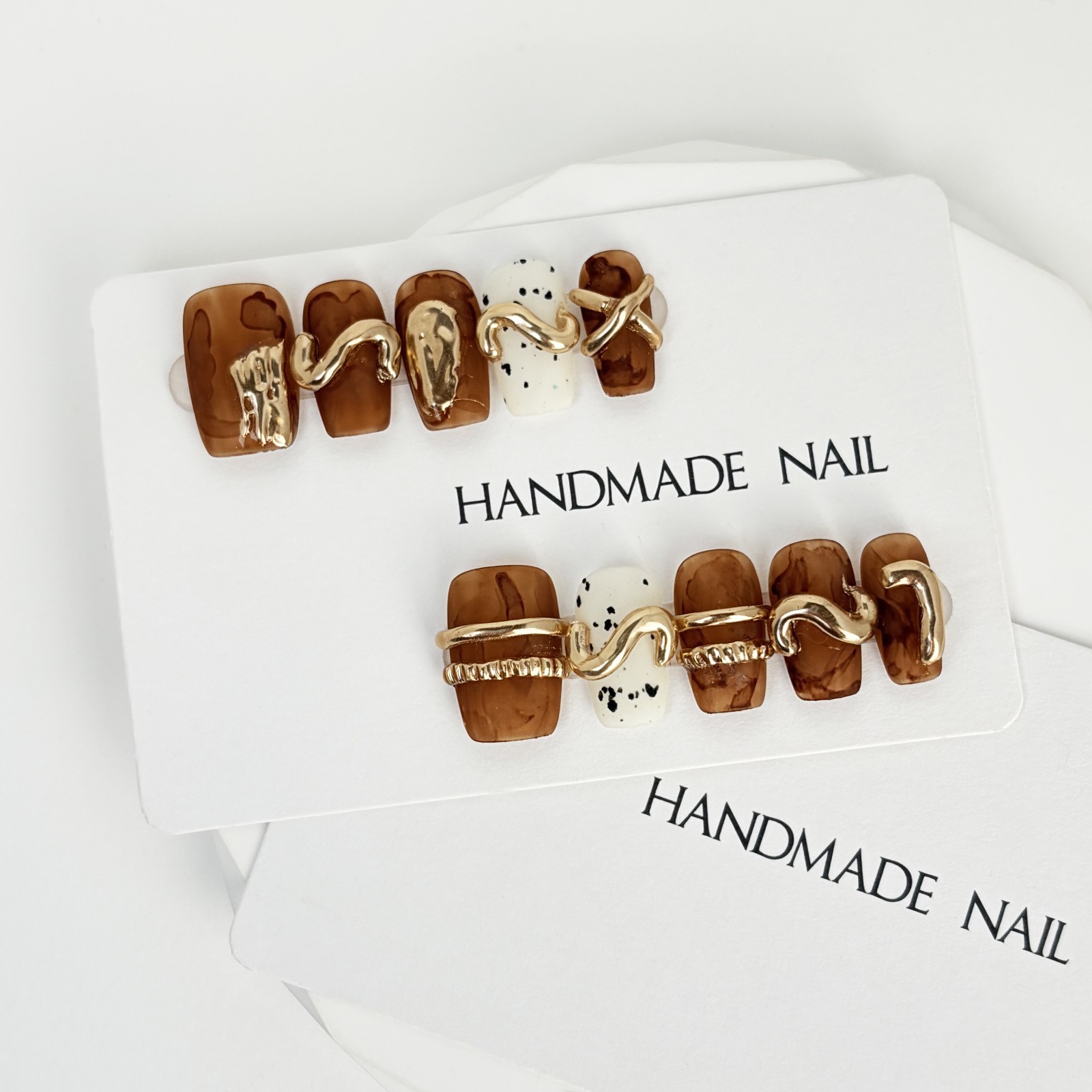 Vintage Metal Twist Brown Coffee Press-On Nails with Pearl Accent – Square Shape