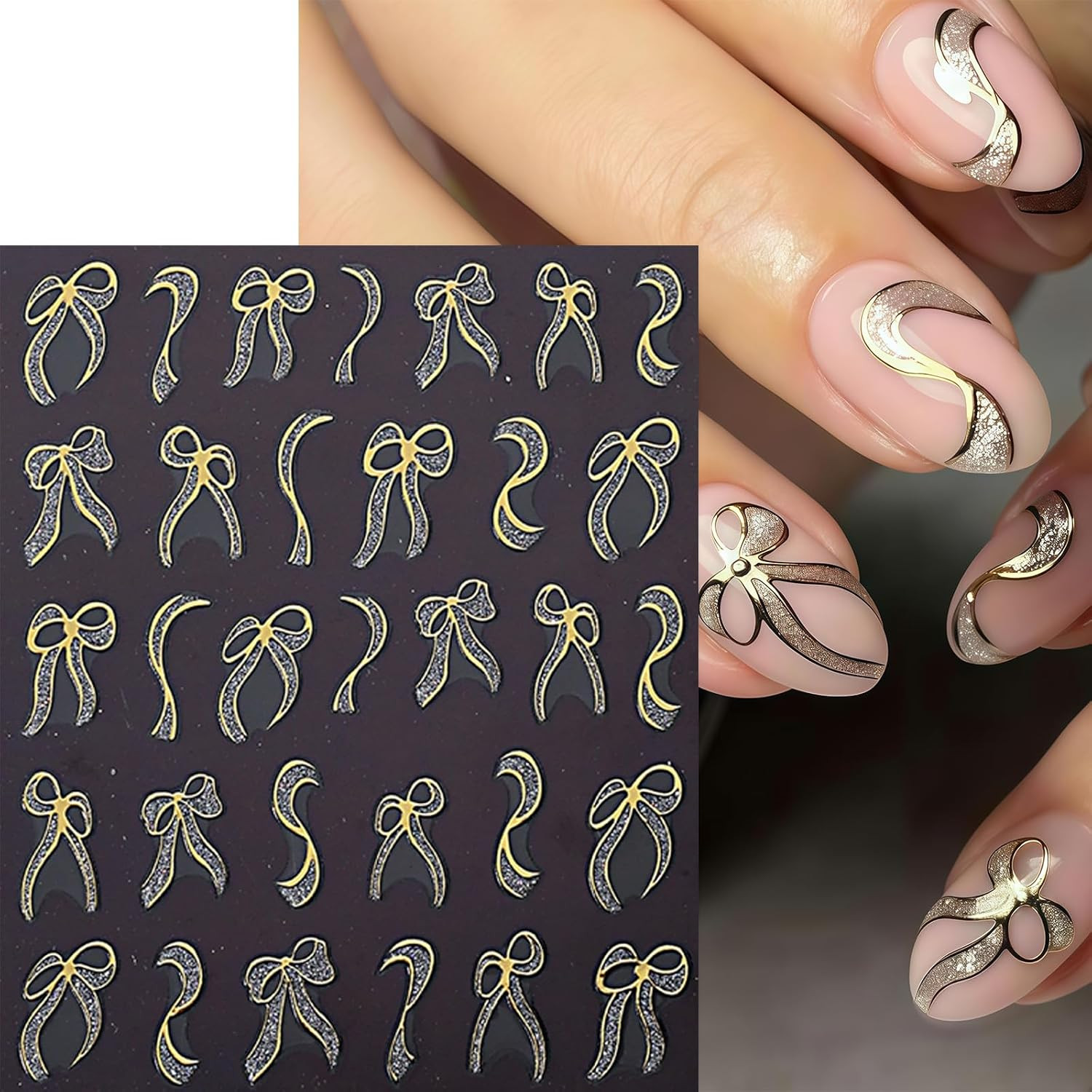 6 Sheets Bow Nail Art Stickers Bows Stickers for Nails 3D Self Adhesive Gold Red