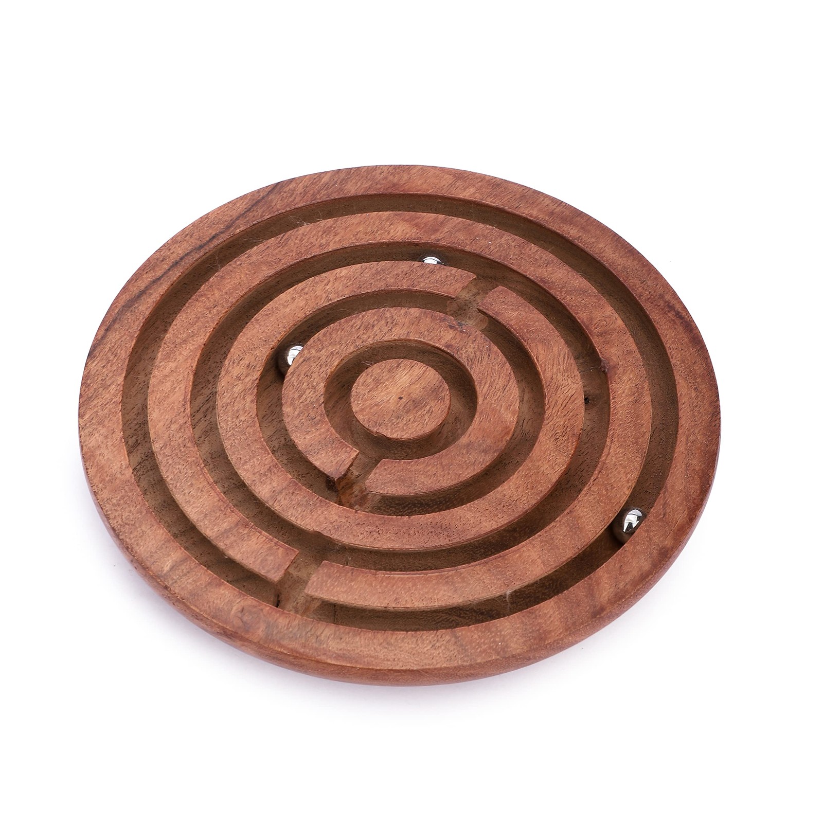 Ajuny Handcrafted Indian Wooden Round Labyrinth Ball Maze 6 Inch, Brown
