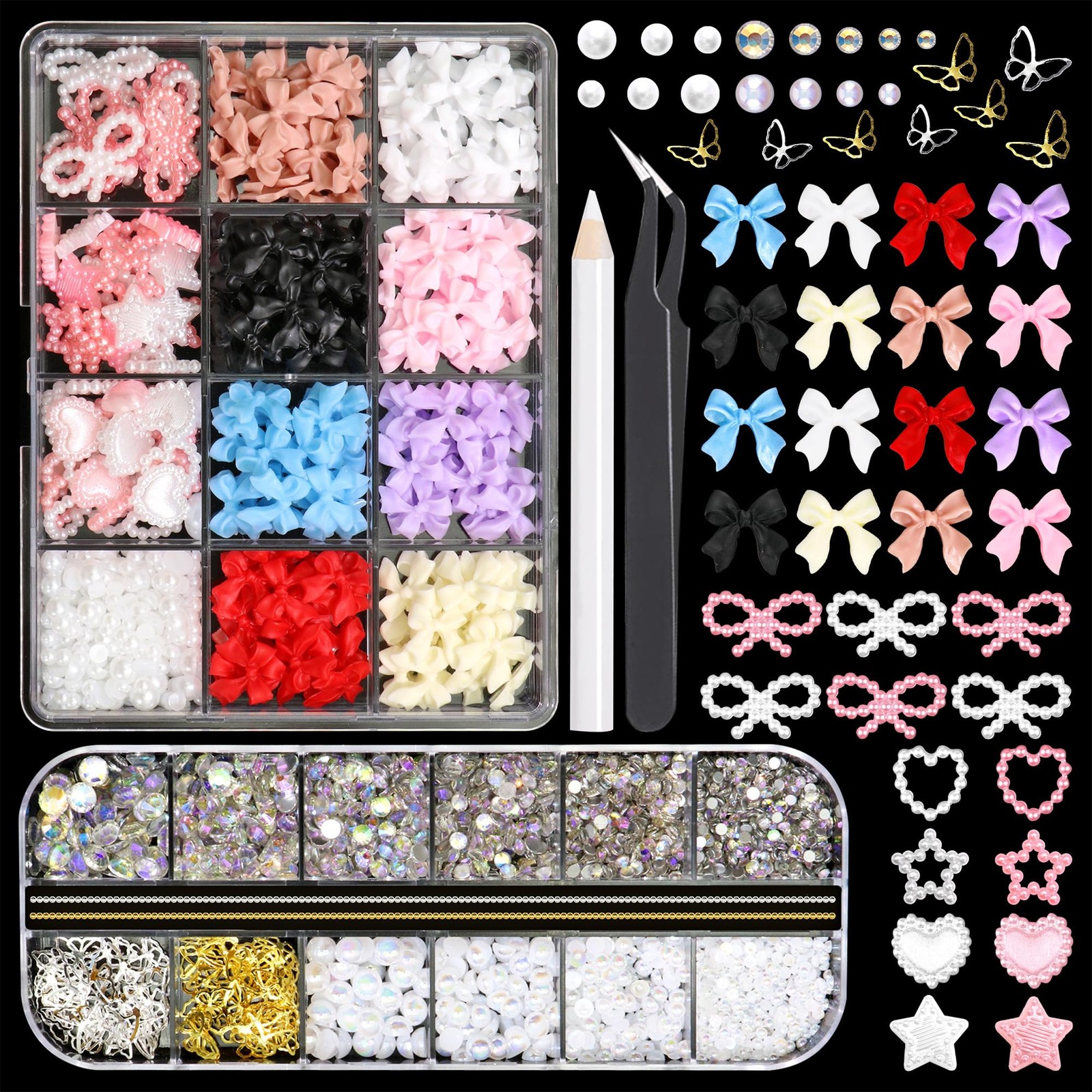 Bow Nail Charms and Flatback Pearls Gems Set,Assorted Bows Charms for Nail Ar…