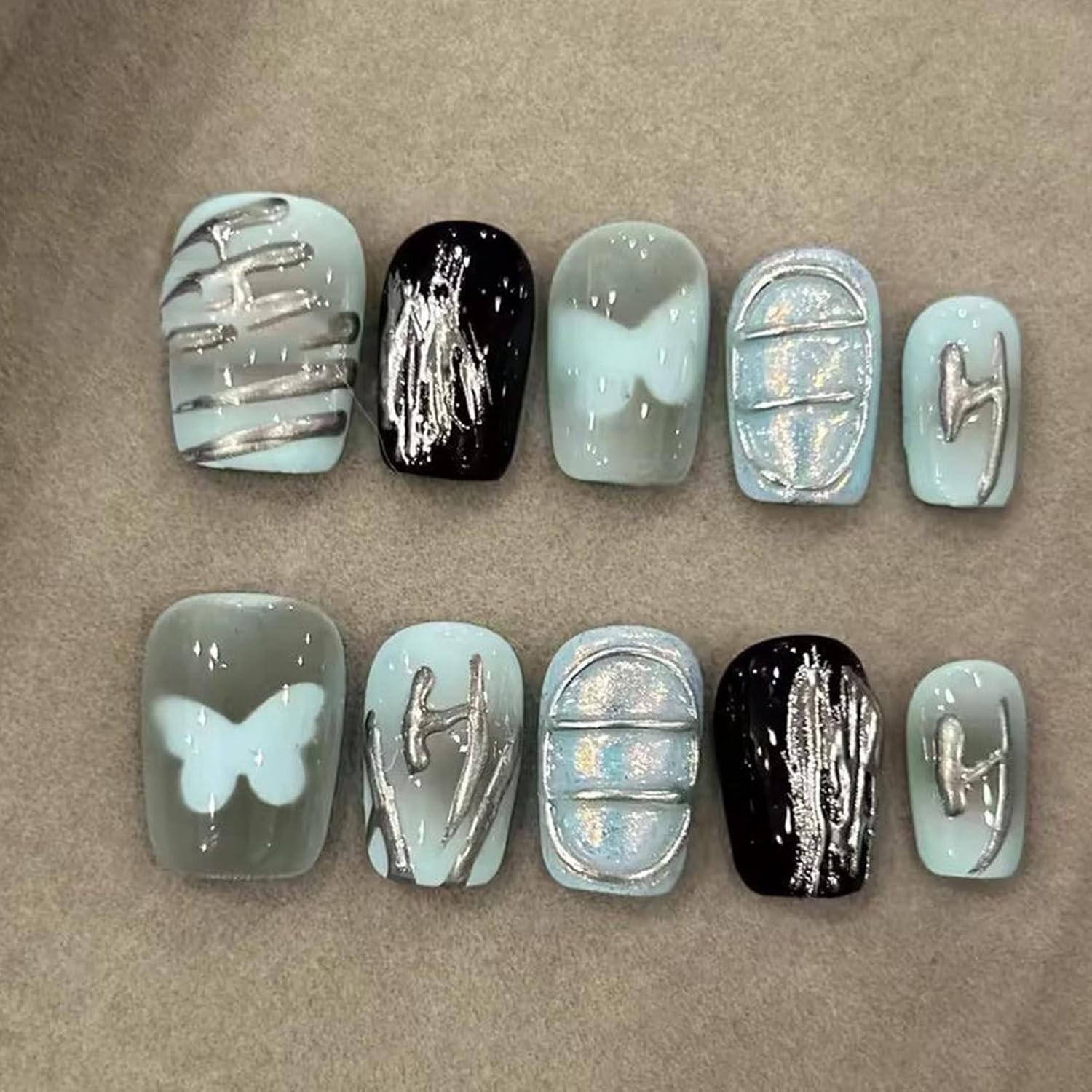24Pcs 4th of July Press on Nails Medium Almond Full Cover Acrylic Glue On