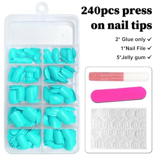 Short Press on Nails Square Round Short Fake Nails Glossy Full Cover Turquoise